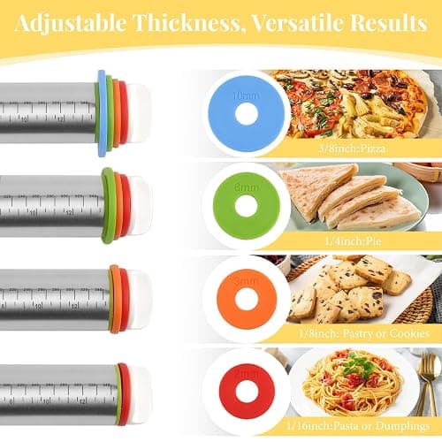 Adjustable Rolling Pin with 4 Thickness Rings for Baking, 17” Stainless Steel Dough Roller with Clear Measurement Markings for Pizza, Fondant, Pie, Cookies, Baking Supplies, Pastry, Pasta thumbnail 3