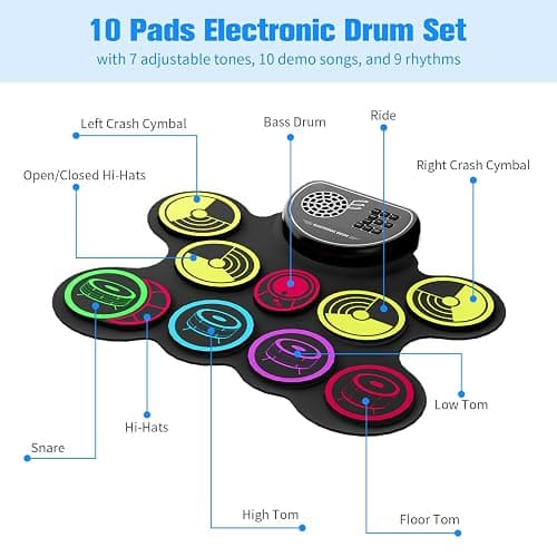 Miortior Electronic Drum Set, 10 Pads Roll-up Drum Practice Pad with Drum Pedals & Sticks, Built-in Speaker with Headphone Jack, Great Christmas & Birthday Gift for Kids thumbnail 2