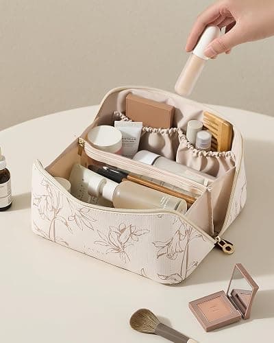EACHY Travel Makeup Bag, Large Capacity Cosmetic Bags for Women, Waterproof Portable Pouch Open Flat Toiletry Bag Pattern Make up Bag (F-Beige) thumbnail 7