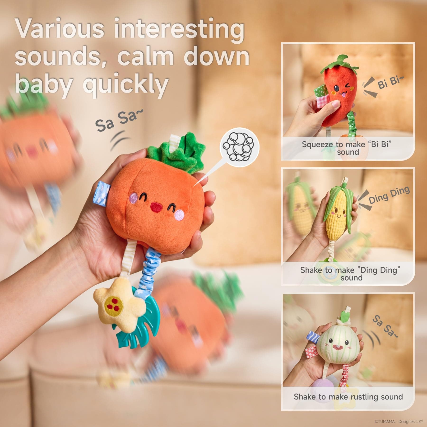 TUMAMA Kids Baby Vegetable Hanging Rattle - Soft Plush Rattle Toy with Sound & Colors | Clip-on Pram Pushchair Sensory Toy for Newborns 0-12 Months thumbnail 2