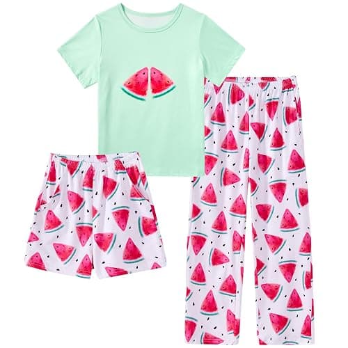uideazone Girls Pajamas 3 Piece Set Cute Sleepwear Short Sleeve Shirt Pants Shorts Pjs Set 7-14 Years - Image 1