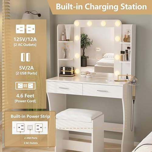 Vabches Vanity Desk with Lights,Makeup Vanity with Power Strip,Dressing Table Set with 2 Large Drawers,Vanity Mirror 3 Lighting Color Adjustable,White thumbnail 5