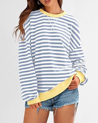 BTFBM Womens Oversized Striped Sweatshirt Crewneck Long Sleeve Pullover Top Casual Y2K Fall Clothes 2025 Workout Shirt - Blue Beige White - Medium thumbnail 4