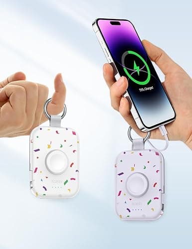 RORRY Portable Charger, 5000mAh Portable Charger Power Bank with Built-in Cables, Travel Keychain Battery Pack for Apple Watch Ultra/11/10/9/8/7/6/SE, iPhone Air/17/16/15/14/13/12, Confetti-Purple thumbnail 6