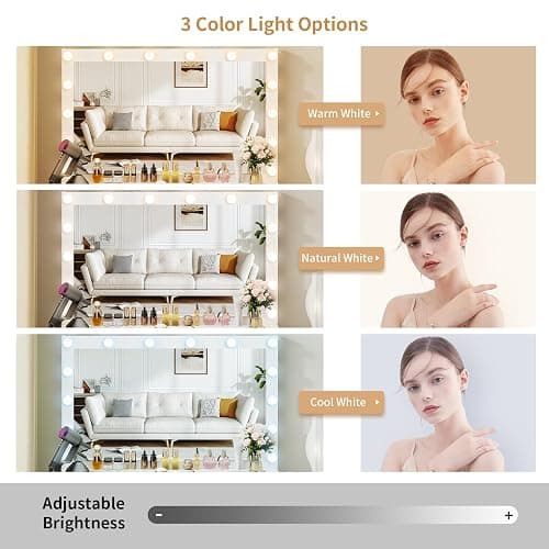 VOWNER Vanity with Lighted Mirror - Makeup Vanity Desk with Glass Top, 7 Drawers and Power Outlet, 3 Color Lighting Modes Adjustable Brightness, 44" Vanity Table with Stool for Women Girls, White thumbnail 4