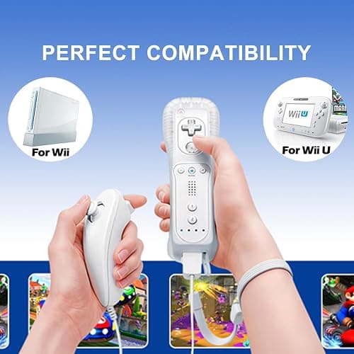 FIOTOK Wii Remote with Nunchuck,Wii Controller with Nunchuck Compatible with Nintendo Wii/Wii U with Silicone Case and Wrist Strap, White thumbnail 2