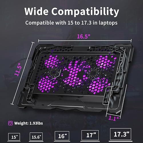 AICHESON Laptop Cooling Pad for 15.6 to 17.3 Inches PC Notebooks, 5 Fans Computer Cooler Stands with Purple Lights Desk Chiller Mat, S035 thumbnail 9