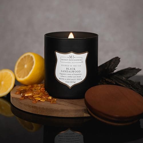 Manly Indulgence Black Sandalwood Scented Candle for Men 15 oz – Bergamot, Tobacco, Amber & Musk - Wood Wick - Up to 60 Hours Burn - Soy Blend Wax, USA Poured – Signature Collection thumbnail 2