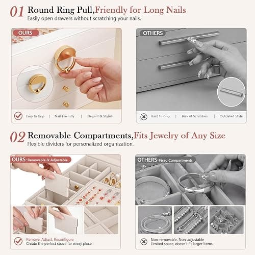 GeeBom Jewelry Box - 3 Layer Jewelry Organizers and Storage with Clear Lid & 2 Drawers,Jewelry Boxes for Women, Watch Necklace Ring Earring Storage Gift Case, Cloud White thumbnail 5