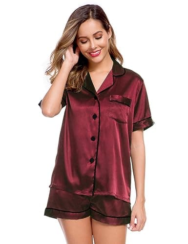 LecGee Womens Silk Satin Pajamas Short Sleeve Loungewear Two-Piece Sleepwear Button-Down Pj Set thumbnail 2