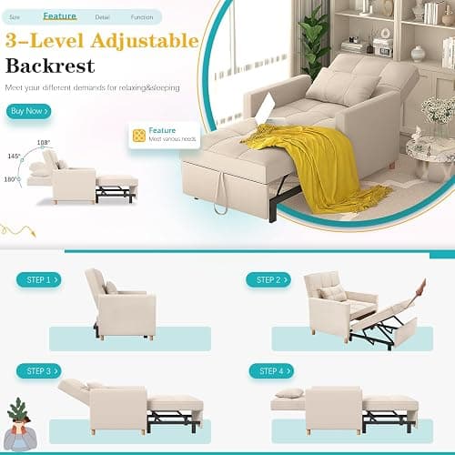 YODOLLA Pull Out Sleeper Chair Bed 80cm Single Sofa Armchair, Beige | 3-position reclining backrest, practical side storage pocket, space-efficient foldable guest sleeping design thumbnail 8