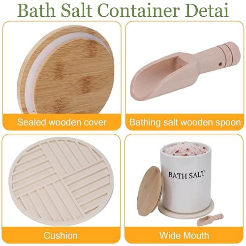 Qinpufu 64 oz Bath Salt Jar Set, Ceramic Bath Salt Container with Scoop & Mat, Epsom Salt Storage with Airtight Wooden Lid, Modern Minimalist Bathtub Accessories for Women Bathtub Decor, White thumbnail 4