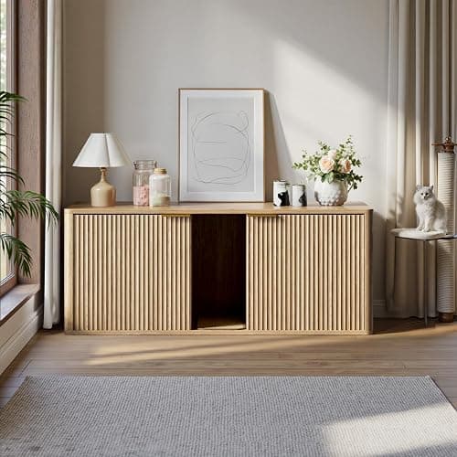 Evermagin 48.8" Double Litter Box Enclosure Furniture for 2 Cats, Large Hidden Oak Litter Box Cabinet with Front Entry, Mid Century Modern Fluted Kitty End Table, Includes Scratching pad thumbnail 5