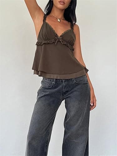 Women Y2k Ruffle Cami Top Tie Front Sleeveless V Neck Ruched Flowy Peplum Babydoll Tops Summer Coquette Streetwear thumbnail 5