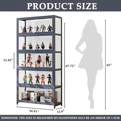 Display Cabinet with Acrylic Glass Doors, 5-Tier Transparent Bamboo Curio Display Case for Figures, Display Shelves for Collectibles & Kids Bookcase for Home, Office, Playroom, Living Room - Grey-flip Door thumbnail 2