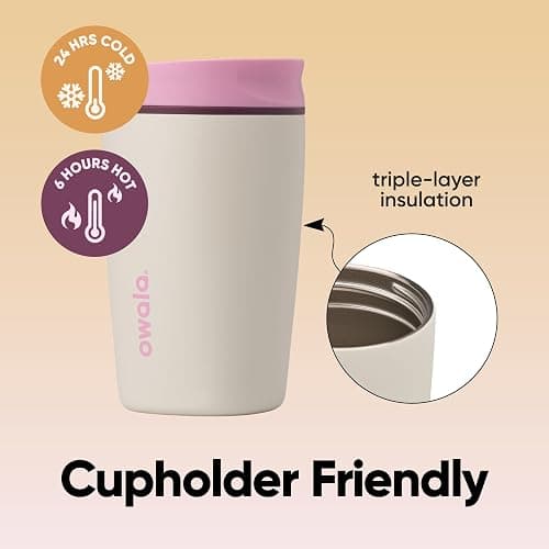 Owala SmoothSip Slider Insulated Stainless Steel Coffee Tumbler, Reusable Iced Coffee Cup, Hot Coffee Travel Mug, BPA Free 12 oz, Pink/Tan (Daybreak) thumbnail 5