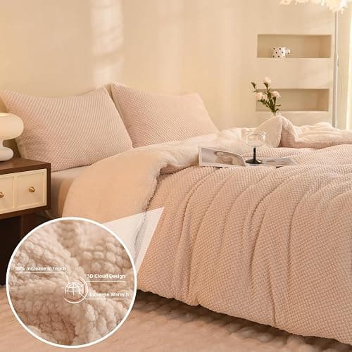 LLanCL 3D Jacquard Design Comforter Set, Ultra-Soft Warm King Size Sherpa Fur Plush 3-Pieces Sets Luxury Cozy Bedding with 2 Pillowcases (104"x90", Cream White) thumbnail 2