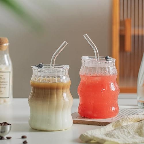 Ribbed Glass Cups with Lids and Straws – Unique Glasses for Iced Coffee, 18oz Vintage Design, Ideal Wavy Coffee Cups with Straws, Bubble Glass Aesthetic, Clear Ribbed Glasses thumbnail 9