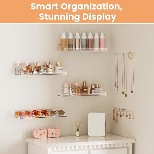 upsimples Clear Acrylic Shelves for Storage, 15" Floating Shelves Wall Mounted for Kids Bookshelf/Display Ledge for Bedroom, Living Room, Bathroom, Kitchen, Set of 4 thumbnail 4