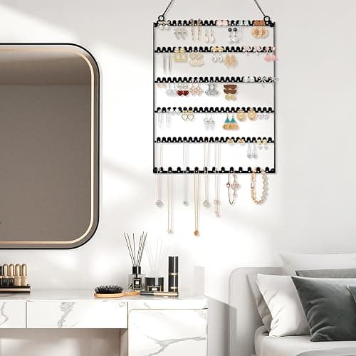 Earring Holder Wall Mounted Hanging Organizer, Earring Display Storage with 123 Holes and 129 Grooves Jewelry Organizer Tree for Stud/Hoop/Dangle Earrings Necklace（Black） thumbnail 2