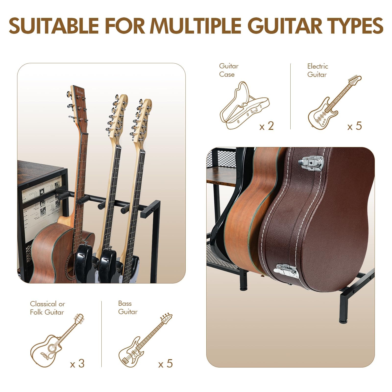 ikkle Guitar Stand for Electric Guitar and Bass with Vinyl Record Storage Holder, Guitar Rack for Multiple Guitars, Such As Acoustic, Bass, Electric & Guitar Case. ( 2 Installation Methods ) thumbnail 3