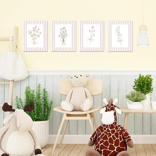 JINYO Coquette Pink Bow Floral Wall Art Prints Set of 4, Floral Room Decor, Preppy Pink and White Striped Flower Posters Pictures Wall Decor for Girls Room Bedroom Dorm Home, 8x10 Unframed thumbnail 4