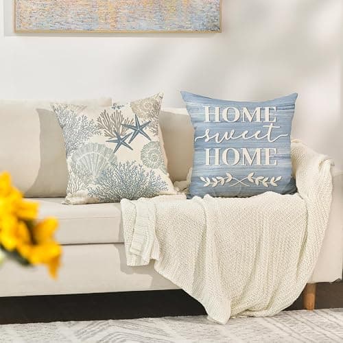 AVOIN colorlife Summer Take Me to The Beach Coral Starfish Throw Pillow Covers, 18 x 18 Inch Home Sweet Home Motto Blue Cushion Case for Sofa Couch Set of 4 thumbnail 6