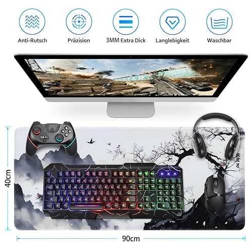 Zindoo XXL Anime Mauspad 900 x 400 mm – Japanische Kirschblüte Schreibtischunterlage– Präzise Mausführung, rutschfest & Genähte Ränder, Perfekt für Büro & Gamer thumbnail 2