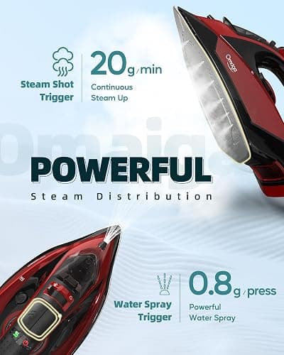 OMAIGA Cordless Iron for Clothes - 1500W Steam Iron with Non-Stick Ceramic Soleplate, Rapid Heating, Auto Shut Off, Burst of Steam, Self-Clean, Anti-Drip, Anti-Calc, 3 Temperature Settings, Red thumbnail 3