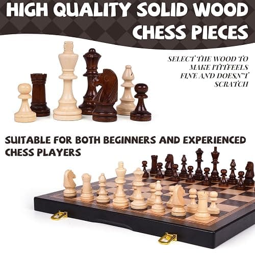 15 Inch Magnetic Chess Set with Wooden Folding Board, Staunton Chess Pieces, 2 Extra Queens Included, Portable Travel Chess Set, Classic Strategy Board Game for Kids & Adults (Ebony) thumbnail 4