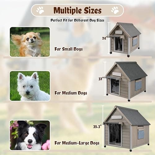 Ketive Outdoor Dog House, Weather-Resistant Wooden Shelter, Up to 60 lb | Reinforced iron frame, sloped asphalt roof, PVC door flap, adjustable vent window and raised feet for patios and backyards. thumbnail 6