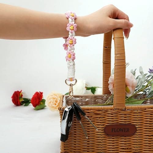 XGALBLA Cute Macrame Keychain Boho Handmade Weave Wristlet Bracelet Keychain Floral Wrist Lanyard Keyring Holder for Women thumbnail 4