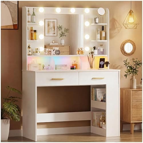 LUCKRACER Vanity Desk with LED Lights Mirror & Charging Station, Makeup Vanity with Storage Drawers and Shelves, Modern Dressing Table for Women Girls Bedroom, Ivory White - Image 1