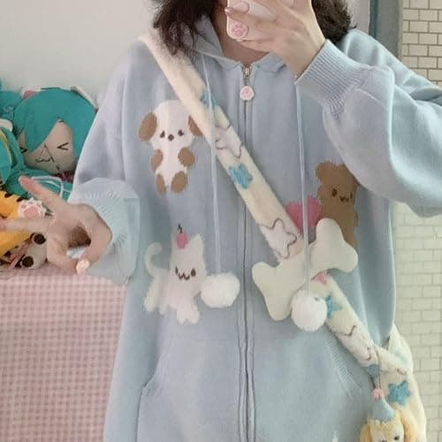 Erqiroc Kawaii Animal Graphic Knitted Cardigan Cutecore Cat Print Sweater Star Sweater Shoujo thumbnail 4