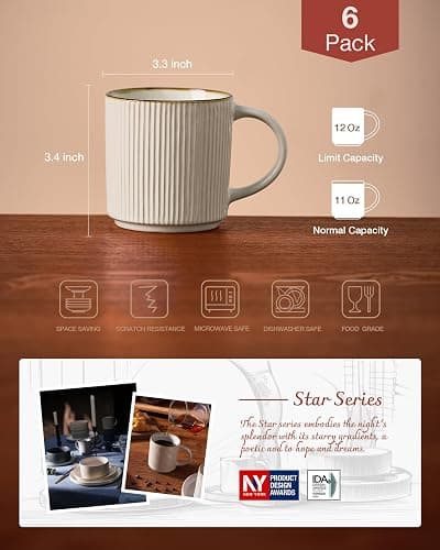 famiware Coffee Mug Set for 6, Star 12 oz Catering Mugs Cup Set with Handle for Coffee, Tea, Cocoa, Milk - Ceramic Stoneware Drinkware Set, White thumbnail 5