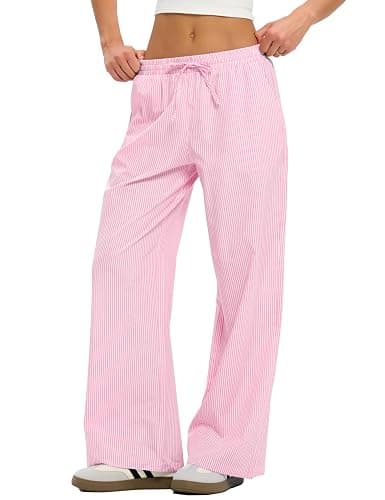 LOMON Striped Gingham Pants Women 2025 Fall Pajamas Cute Wide Leg Pj Lounge Boxer Bottoms Drawstring Y2k Trousers with Pocket - Image 1