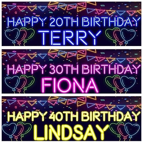2 Personalised Birthday Banner Neon Balloon Hearts Bunting Kids Adults Party- 18th 21st 30th 40th 50th 60th 70th 80th Birthday Decoration - Image 1