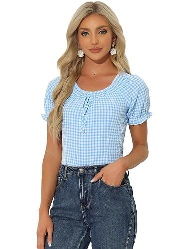 Allegra K Summer Gingham Tops for Women's Plaid Peasant Round Neck Ruffles Cute Puff Sleeve Tops - Image 1