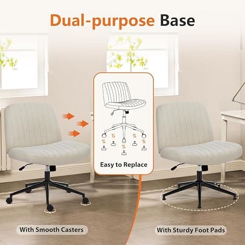 Sweetcrispy Criss Cross Chair Legged, Armless Office Desk Chair with Wheels, Swivel Vanity Height Adjustable Wide Seat Computer Task Seating - Beige thumbnail 8