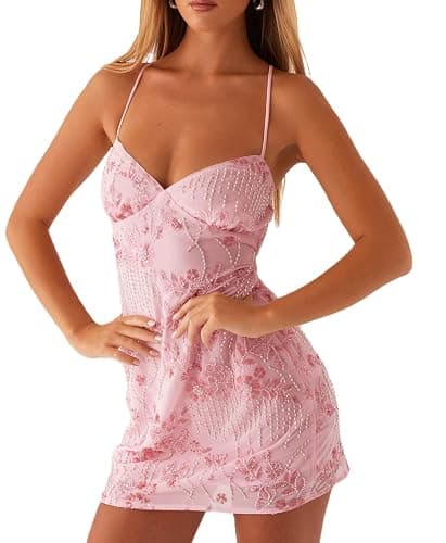 Women Sequin Beaded Mini Dress Y2K Sparkly Open Back Slip Short Dresses Date Night Glitter Backless Cami Dress - Image 1