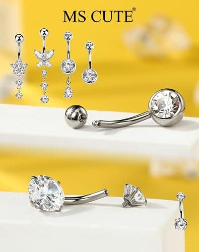 MS CUTE 5PCS Belly Button Rings for Women 14G Dangle Navel Piercing Jewelry Set Surgical Stainless Steel Body Jewelry with CZ Butterfly Flower Teardrop Barbell for Beach Festival Daily thumbnail 3