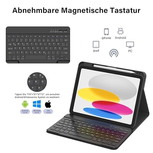 CC Store Hülle mit Tastatur für iPad A16 11 Generation 2025/10 Generation 2022 (11/10.9 Zoll), Magnetische abnehmbare deutsche Tastatur mit Stifthalter für iPad 11/10 Gen, QWERTZ Layout (Schwarz) thumbnail 4