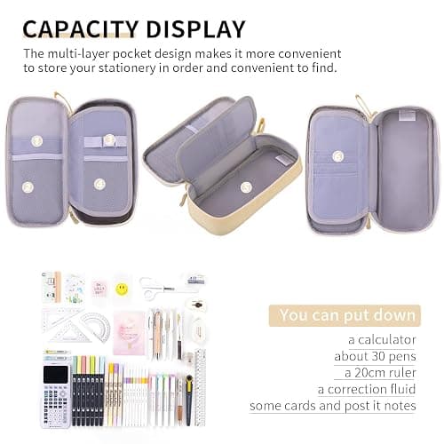 CICIMELON Durable Pen Pencil Case Big Storage Pen Pouch Bag for School Supplies College Teen Girls Adults, Beige thumbnail 4
