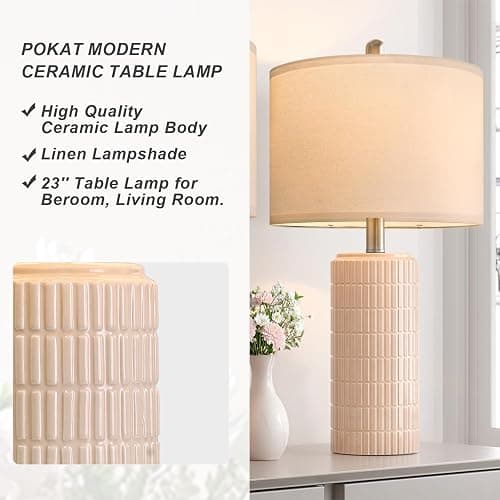 PoKat 23" Pink Ceramic Table Lamps Set of 2, Modern Bedroom Lamps for Girls Room, Bedside Lamps for Night Stands, Cute Lamps for Living Room Decor, Nightstands Desk Lamp, Pink thumbnail 2