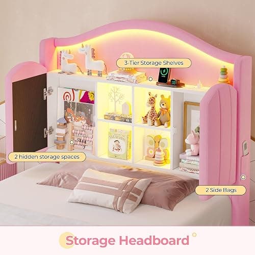 BTHFST Twin Girl Bed with LED Lights & Charging Station, Upholstered Storage Headboard Platform Twin Size Princess Bed Frame, No Box Spring Needed/Noise-Free/Easy Assembly, Pink thumbnail 5