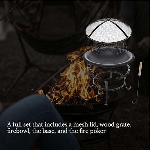 Gas One 22 in Outdoor– Wood Burning Fire Pit with Mesh Lid and Fire Picker – Durable Alloy Steel Fire Pits for Outside – Small Fire Pit for Backyard, Porch, Deck, Camping, BBQ thumbnail 8