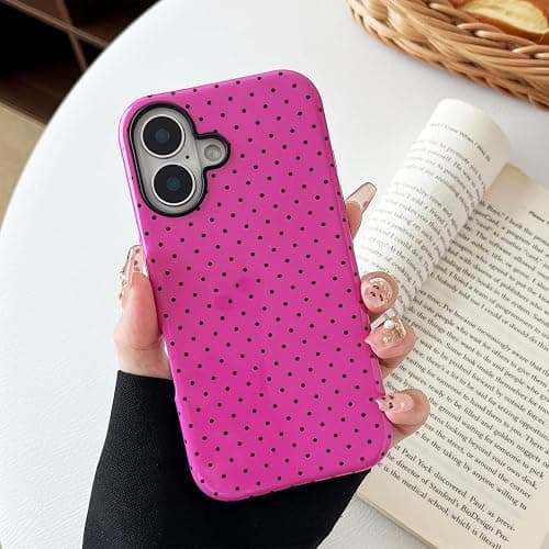 Sayoaho Compatible with iPhone 16 Case, Fashion Cute Polka Dot Pattern Aesthetic Design for Women, Soft TPU and Hard Back Shockproof Phone Case for iPhone 16 6.1 inch, Hot Pink thumbnail 3