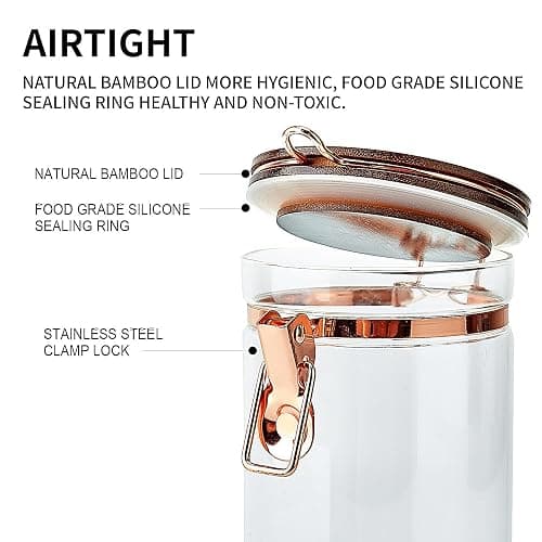 SIQOLNY Glass Coffee Container with Wooden Shelf, 2 x 40 FLOZ Coffee Bean Storage with Sealed Closure Clips and Copper Spoon, Kitchen Large Capacity Food Storage Jar, Ground Coffee Container thumbnail 9