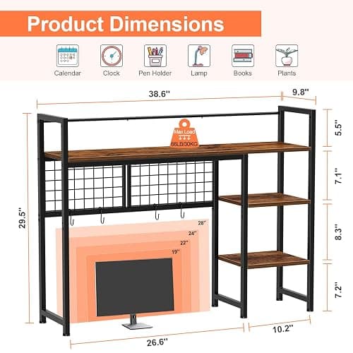 Snughome Desk Shelf, 38.6" Desktop Organizer Shelf, Desk Hutch for Computer Monitor, 4 Tier Desk Display Rack with Pegboard Hooks Set, Wood Desktop Bookshelf for Home Office Dorm thumbnail 3