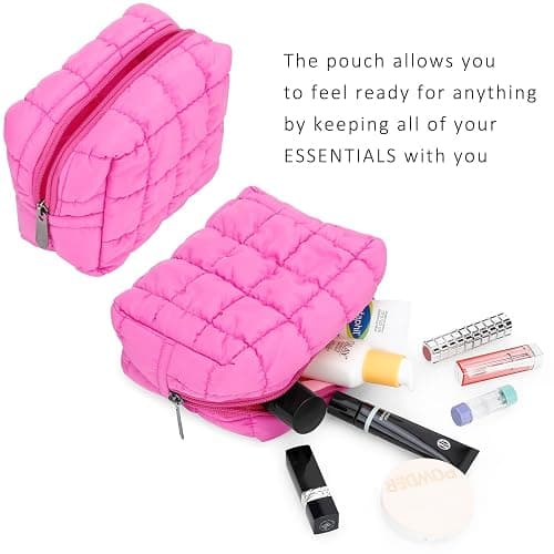 E-Tree Cute Makeup Bag,Quilted Cosmetic Bag,Make up Pouch for Purse,Toiletry Zipper Pouch,Checkered Bag,Travel Case,Storage Pouches for Organization (Hot Pink) thumbnail 5